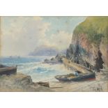 John C. UREN (1845-1932) Watercolour A lobster boat by a slipway in a Cornish cove Signed 7” x