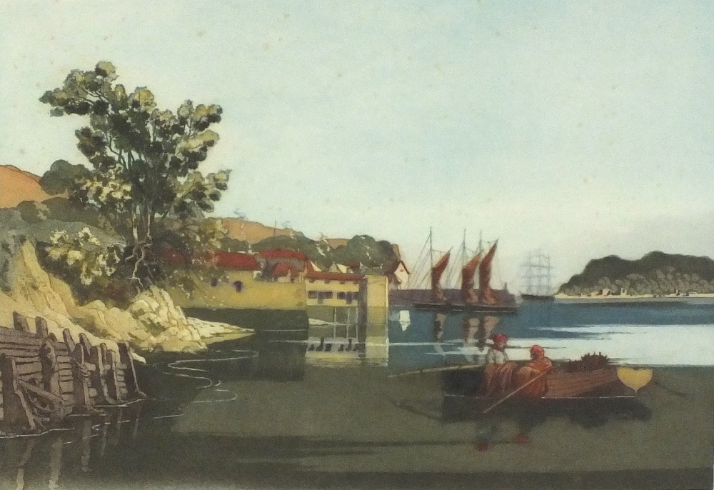*Geoffrey Sneyd GARNIER (1889-1970) Coloured etching, aquatint ‘Flushing’ – fishing boats & tall