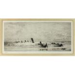 William WYLLIE (1851-1931) Black & white etching drypoint Launching fishing boats from the shore