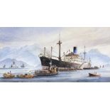 K.* L.* S.* GLEN Watercolour The Motor Vessel Eumaeus at anchor and being unloaded in Hong Kong