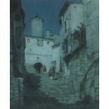 Albert Moulton FOWERAKER (1873-1942) Watercolour Moonlight – figures on the steps of a Spanish