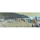 *Professor Ken HOWARD (b.1932) Oil on canvas The Beach at Sennen – Summer Signed 7.5” x 23.25” (19cm