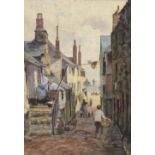 John C. UREN (1845-1932) Watercolour Washday – street scene with a glimpse of the harbour St Ives