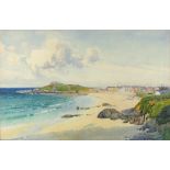 John M BROMLEY (1858-1939) Watercolour ‘The Island from Porthmeor Beach St Ives Signed 19.5” x 29.