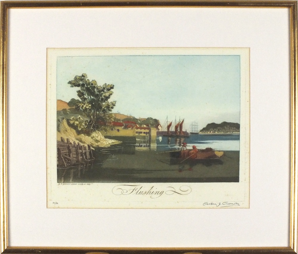*Geoffrey Sneyd GARNIER (1889-1970) Coloured etching, aquatint ‘Flushing’ – fishing boats & tall - Image 2 of 2