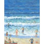 Robert JONES (b.1943) Oil on board ‘Summer Beach’ Inscribed & signed to verso Signed with initials