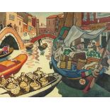 *Clare WHITE (1904-1997) Watercolour Floating market Venice Signed 14.25” x 18.25” (36cm x 46.5cm)