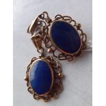 Pair of oval lapis ear pendants set in 9ct gold