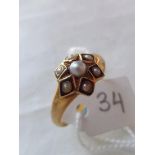 Antique gold, pearl & enamel set flower ring 2.5g