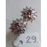 Pair 18ct white gold ruby & diamond ear studs 4g