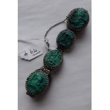 Carved Malachite silver panel bracelet 6” long 3oz