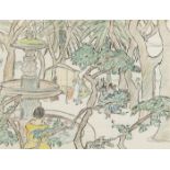 Mary Swanzy HRHA (1882-1978) TREES, FOUNTAIN, FIGURES, SOUTH OF FRANCE coloured pencil on paper with