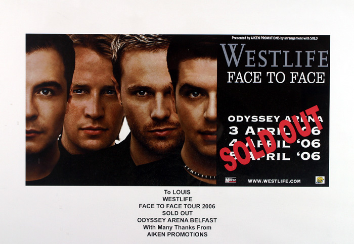 Westlife, Face to Face Tour A framed commemorative poster presented by Aiken Promotions to Louis