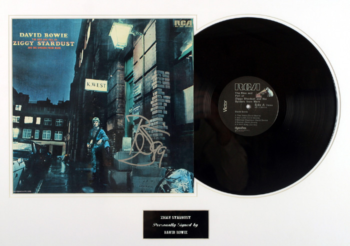 David Bowie, Ziggy Stardust, signed. L.P. record, 1972, RCA Records. Signed to the cover in silver