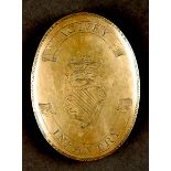 Circa 1790. Agivey Infantry, Co. Derry, cross belt plate. A brass oval convex cross belt plate