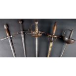 A collection of five various swords Comprises two 17th cent rapiers; a cutlass circa 1800; a