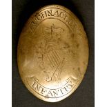 Circa 1798. Aughnacloy Infantry, Co. Tyrone, cross belt plate. A brass oval convex cross belt