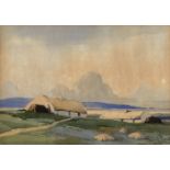 Maurice Canning Wilks RUA ARHA (1910-1984) FIGURE BY TURF STACKS AND COTTAGES watercolour signed