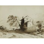 John Varley OWS (1778-1842) BUILDINGS IN A LANDSCAPE sepia wash with inscribed label of Ruskin