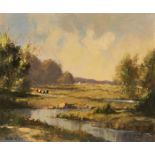 George K. Gillespie RUA (1924-1995) CATTLE GRAZING BY A RIVER WITH COTTAGES BEYOND oil on canvas