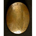 Circa 1800. Belfast Infantry cross belt plate. A brass oval convex cross belt plate engraved to