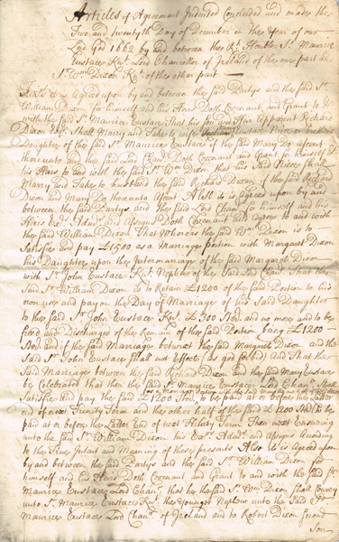 1662 Contract between Rt. Hon. Sir Maurice Eustace, Knight, Lord Chancellor of Ireland and Sir