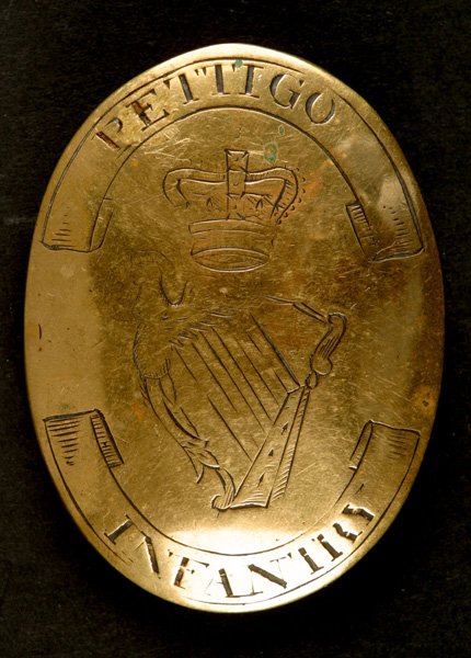 Circa 1790. Pettigo Infantry cross belt plate. A brass oval convex cross belt plate engraved to