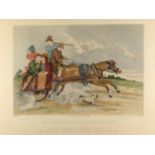 A pair of 19th century jaunting car prints. Donnybrook to Dublin and Drogheda to Dundalk, Coloured