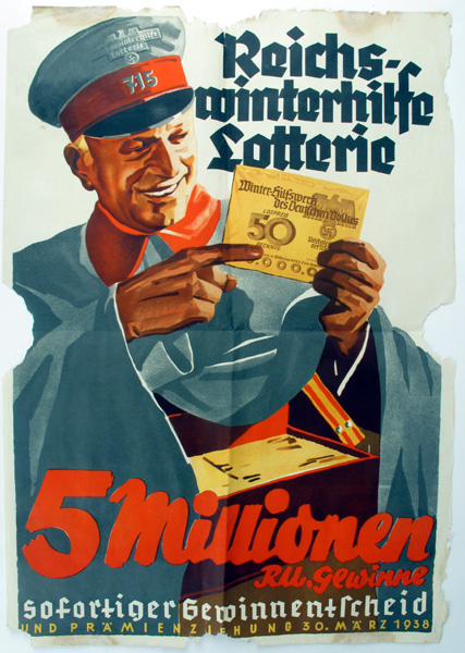 1938 Germany, Reichswinterhilfe Lotterie poster A colour lithograph poster for the 5-million