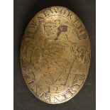 Circa 1790. Walworth Infantry cross belt plate. A brass oval convex cross belt plate engraved to the