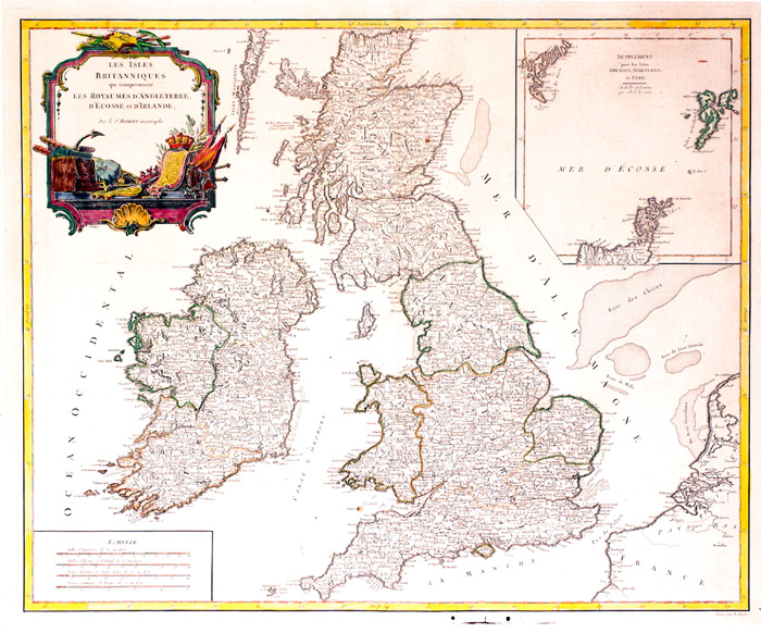 1754 Gilles Robert De Vaugondy Les Isles Britanniques qui Comprennent les Royaumes d'Angleterre, d'