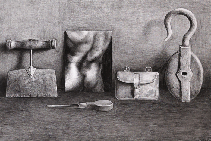 Liam Belton RHA (b.1947) TOOLS AND TORSO II charcoal on paper signed lower right; inscribed on