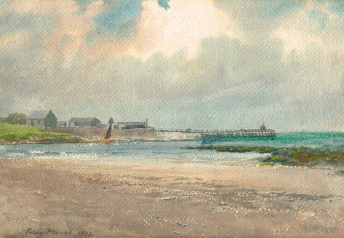 William Percy French (1854-1920) COASTAL SCENE WITH PIER IN BACKGROUND, 1903 watercolour signed