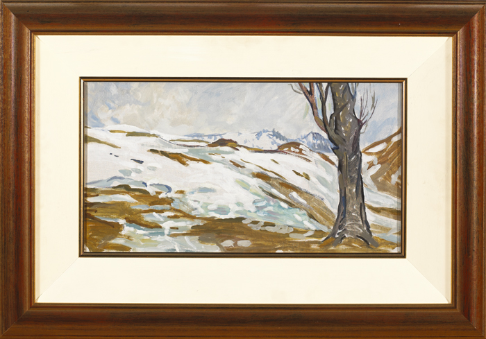 Mary Swanzy HRHA (1882-1978) SNOW SCENE oil on canvas with Mary Swanzy studio sale stamp on - Image 2 of 3