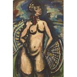 Markey Robinson (1918-1999) NUDE WITH TWO FANS, c.1945 oil on board signed upper right; with