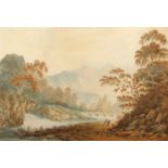 Henry Brocas Senior (1762-1837) LANDSCAPE WITH FIGURES, RUINS AND BRIDGE watercolour and gouache