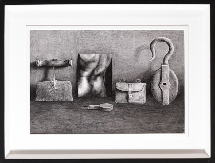 Liam Belton RHA (b.1947) TOOLS AND TORSO II charcoal on paper signed lower right; inscribed on - Image 2 of 2