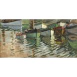 Mary Swanzy HRHA (1882-1978) MOORED BOATS oil on board signed lower left; Dawson Gallery framing