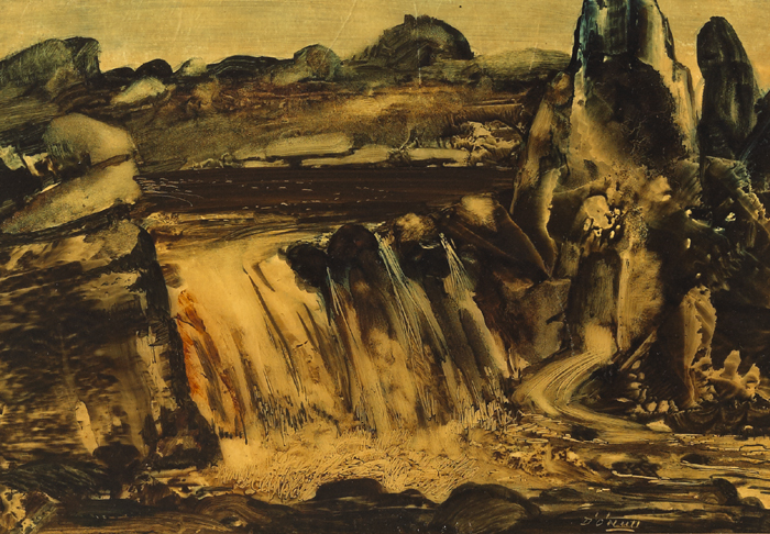 Daniel O’Neill (1920-1974) SALMON LEAP, CLADY RIVER, BUNBEG, COUNTY DONEGAL monotype in oil on paper