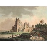 John Nixon (ca. 1760-1818) MAN AND DOG BEFORE CASTLE RUINS watercolour 6½ x 8¾in. (16.51 x 22.