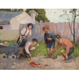Tom Lalor (fl. 1940s) CHILDREN PLAYING CARDS oil on board signed lower right 13 x 17in. (33.02 x
