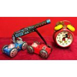 Vintage Tin Ray Gun, Mickey Mouse Clock and Two Space Vehicles