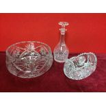 Large heavy cut glass bowl, decanter and another