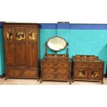 Oak three piece bedroom suite with decorated Asian panels