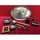 Pewter Card Tray, Bakelite Ashtray, Needle Holders ETC.