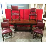 Oak Drawer Leaf Dining Table with Carved Frieze and Six Studded Leather Dining Chairs