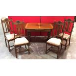 Oak Drawer Leaf Table on Bulbous Legs with Four Carved High Back Dining Chairs
