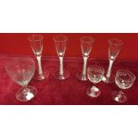 Signed Drinking Glasses with White Twist Stem and Other Etched Glasses