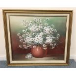 Gilt framed and signed oil on canvas floral painting, Nancy Lee 59 x 50cm