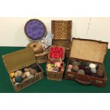 Quantity of sewing baskets, wool, cottons and small leather attache case